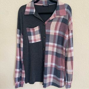 Heimish USA Button Down Plaid Contrast Lounge Shirt Comfy Top Women’s M NWOT